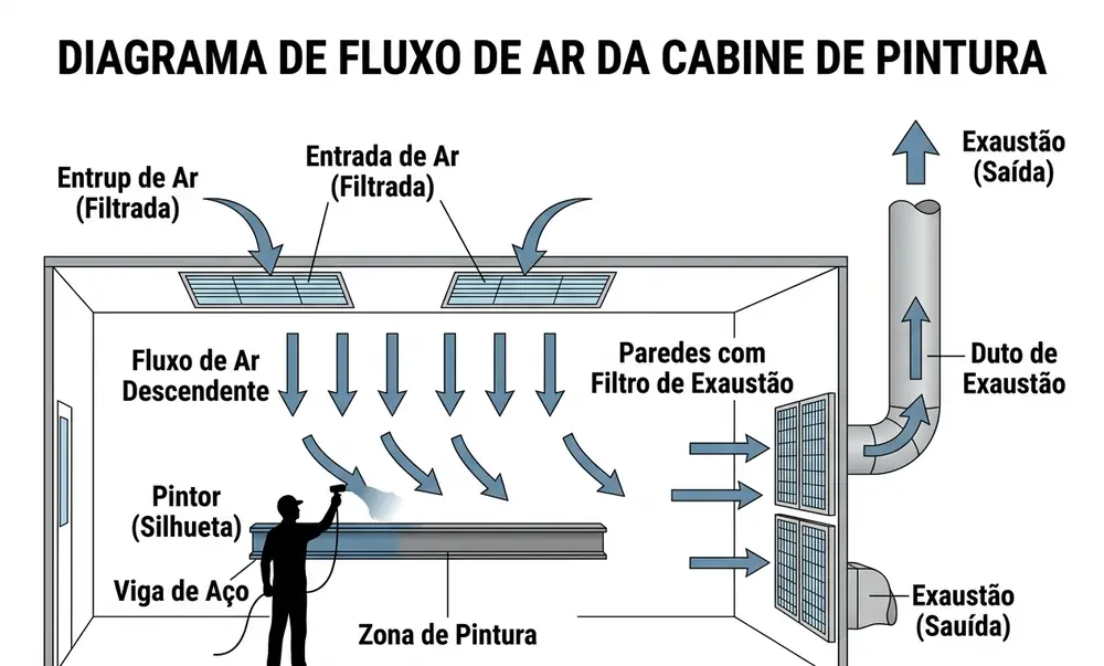 Esquema do fluxo de ar e filtros de entrada e exaustão em cabine de pintura industrial