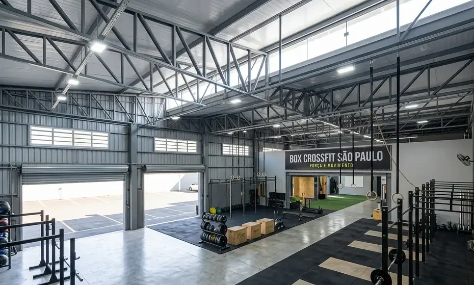 Interior de box de CrossFit em galpão metálico com rig, plataformas e equipamentos olímpicos