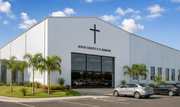 Fachada externa moderna de igreja brasileira construída em galpão metálico com estacionamento