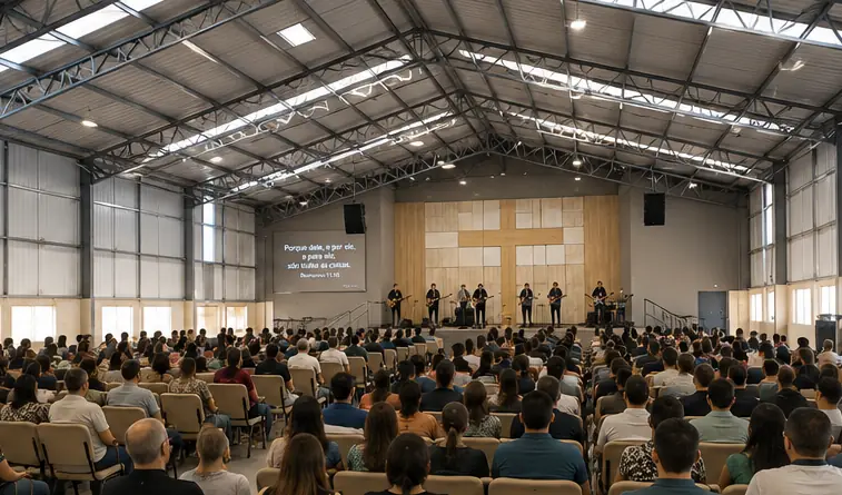 Interior amplo de igreja brasileira construída em galpão metálico com fiéis sentados na nave