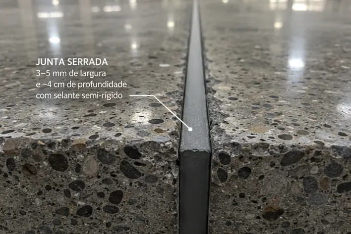 Junta serrada de controle de retração em piso industrial de concreto polido preenchida com selante