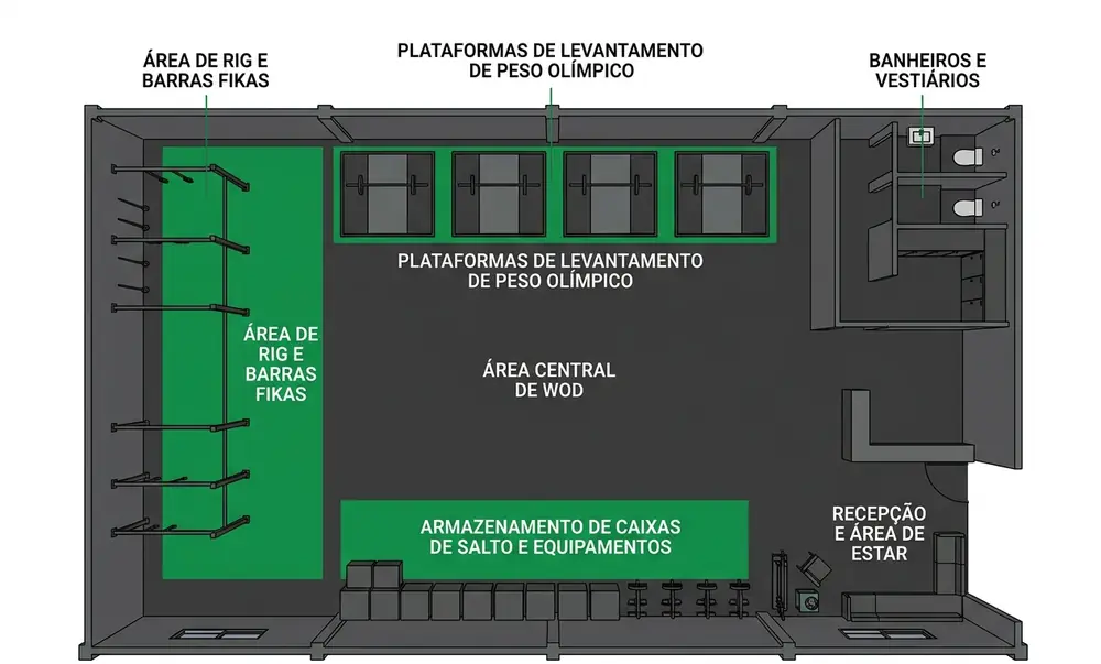 Layout em planta top-down de box de CrossFit em galpão com rig, plataformas e WOD