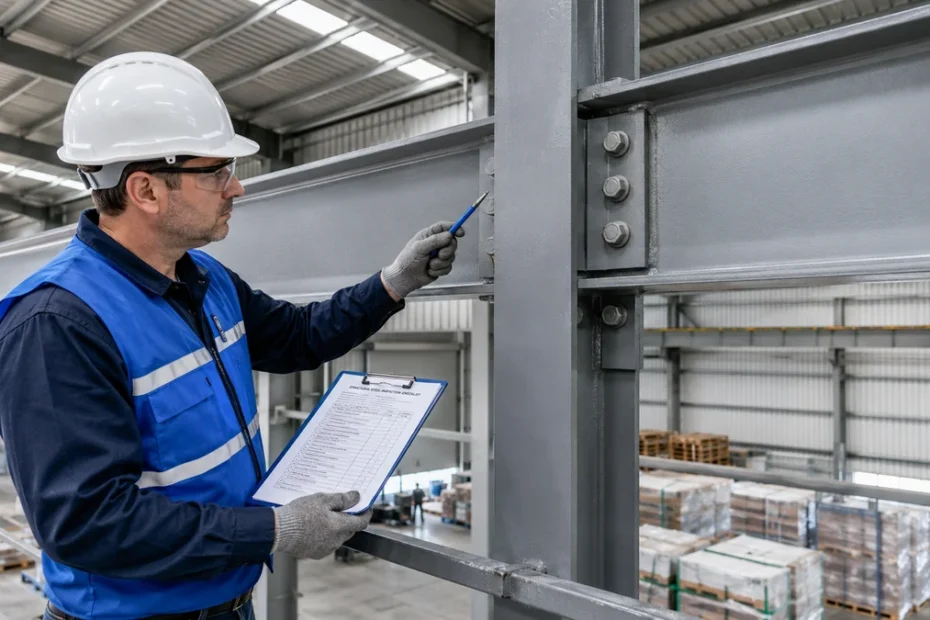 Engenheiro com EPI realizando inspeção técnica em ligação parafusada de galpão metálico com checklist
