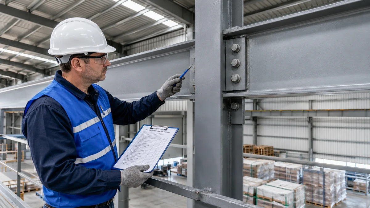 Engenheiro com EPI realizando inspeção técnica em ligação parafusada de galpão metálico com checklist