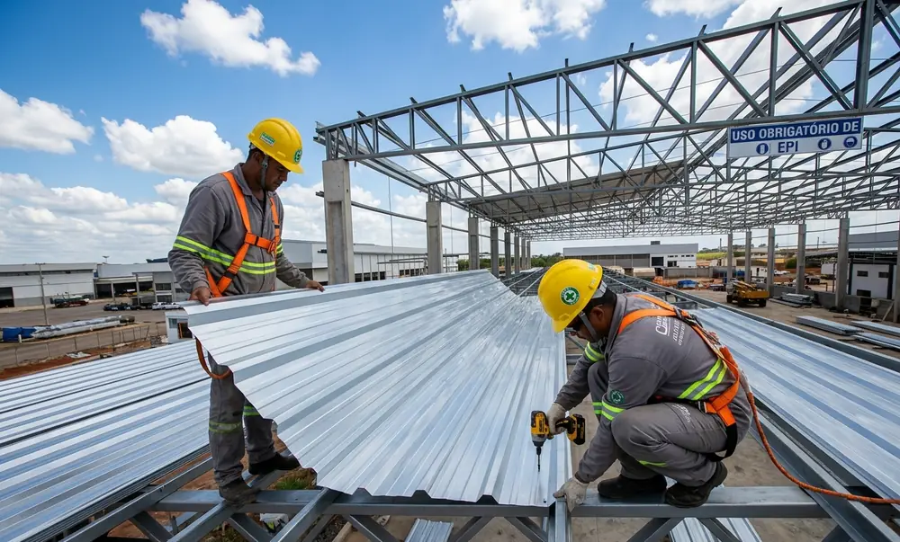 Operários instalando telhas de zinco trapezoidais sobre terças metálicas em galpão