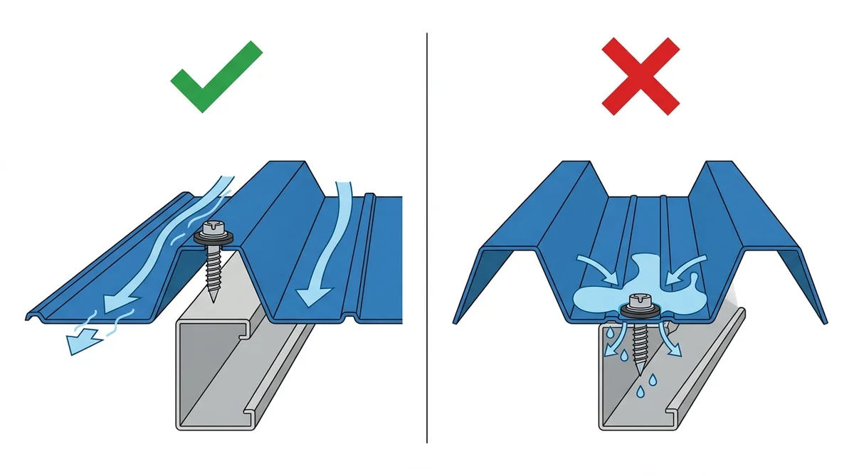 Diagrama comparativo mostrando fixação correta do parafuso na onda alta vs incorreta na onda baixa em telha trapezoidal