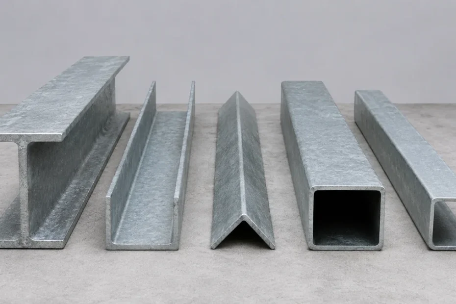 Comparativo de perfis de aço estrutural lado a lado: perfil W laminado, U canal, cantoneira L, tubular quadrado RHS e perfil C formado a frio