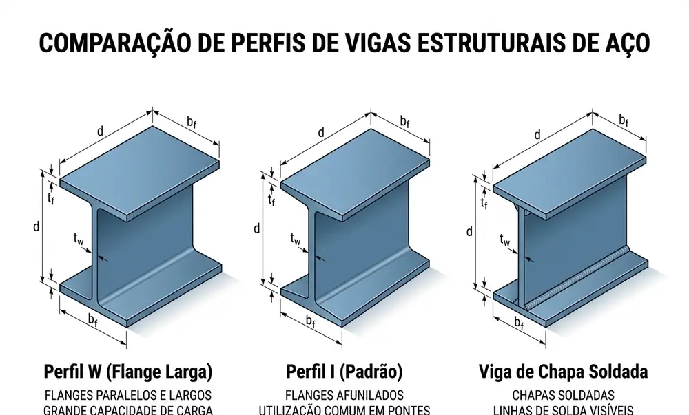 Comparativo entre perfil W laminado (wide flange), perfil I tradicional e viga soldada custom