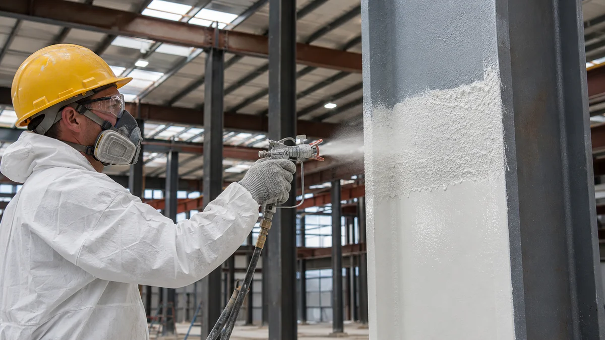 Pintor aplicando pintura intumescente com pistola airless em pilar metálico de galpão