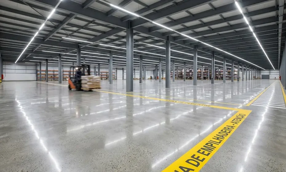 Piso industrial de concreto polido em galpão metálico com refleção de iluminação industrial