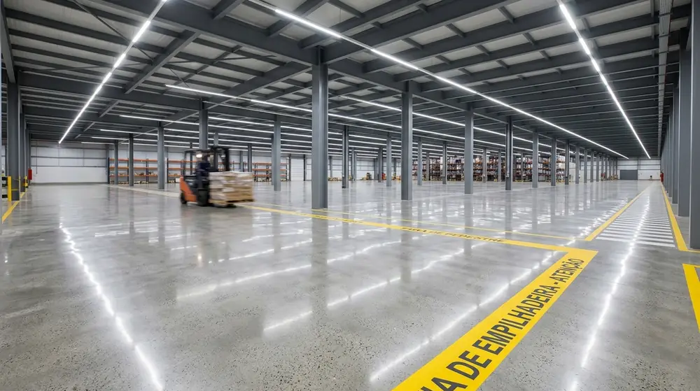 Piso industrial de concreto polido em galpão metálico com refleção de iluminação industrial