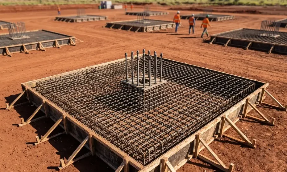 Sapata isolada armada com chumbadores posicionados pronta para concretagem em obra de galpão metálico