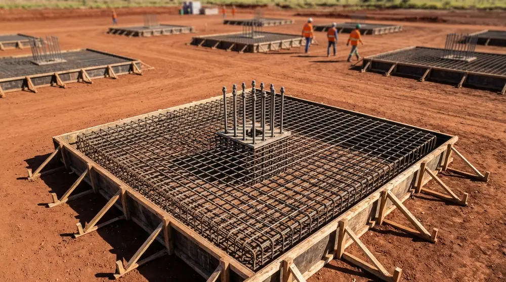 Sapata isolada armada com chumbadores posicionados pronta para concretagem em obra de galpão metálico