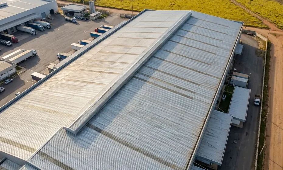 Telhado de galpão industrial brasileiro coberto com telha de zinco trapezoidal vista aérea
