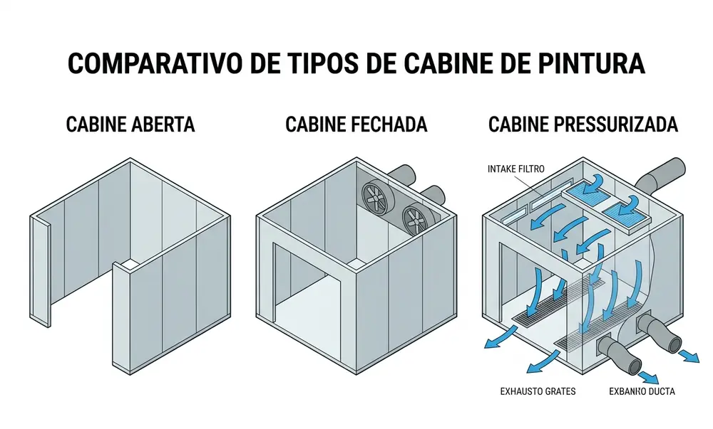 Comparativo entre cabine de pintura aberta com cortina d'água, cabine fechada e cabine pressurizada