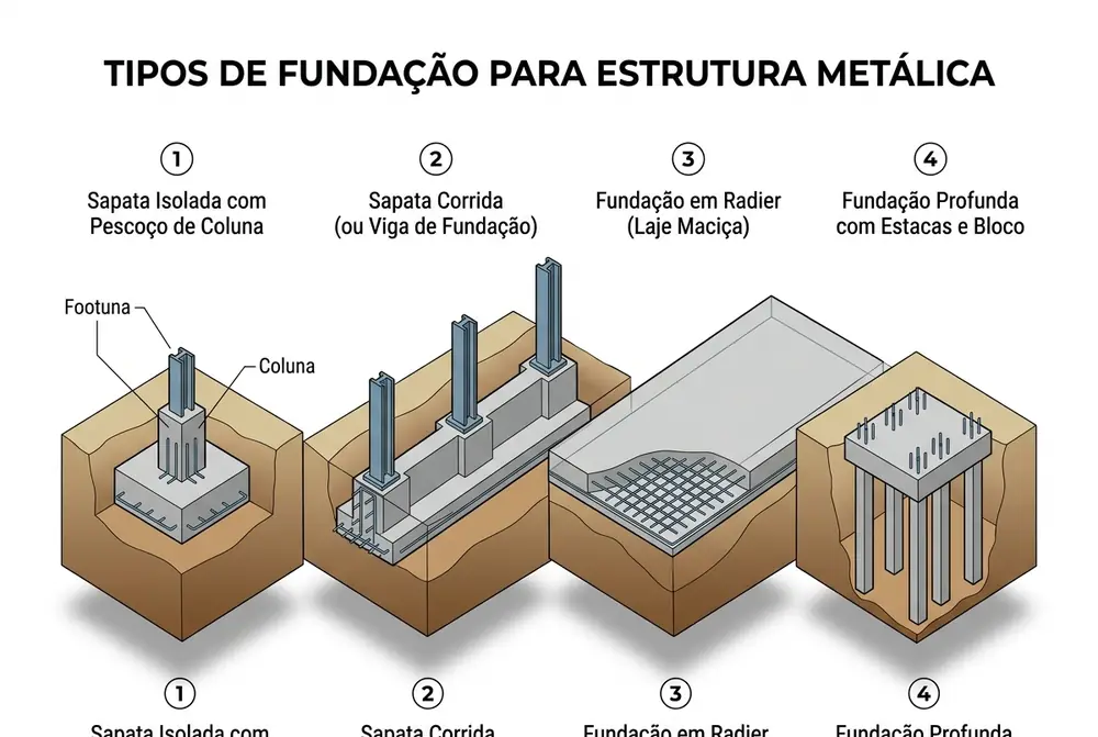 Comparativo entre sapata isolada, sapata corrida, radier e estaca para fundação de galpão metálico