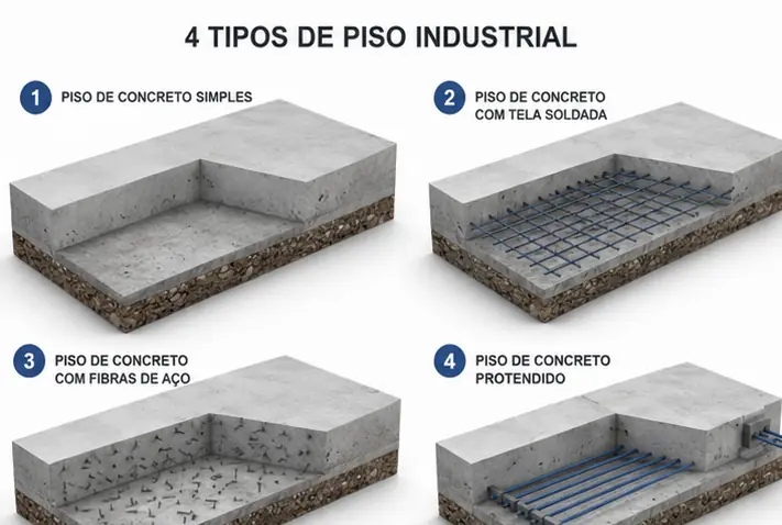 Comparativo dos 4 tipos de piso industrial: concreto simples, armado com tela, com fibras de aço e protendido