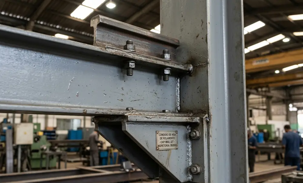 Detalhe construtivo da viga de rolamento de ponte rolante apoiada sobre console soldado no pilar