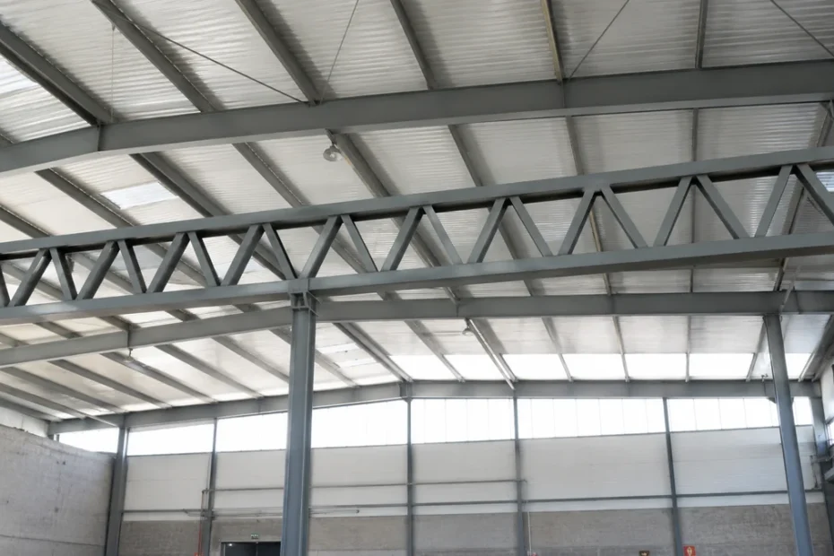 Viga treliçada metálica em galpão industrial — banzos superior e inferior conectados por diagonais e montantes triangulados