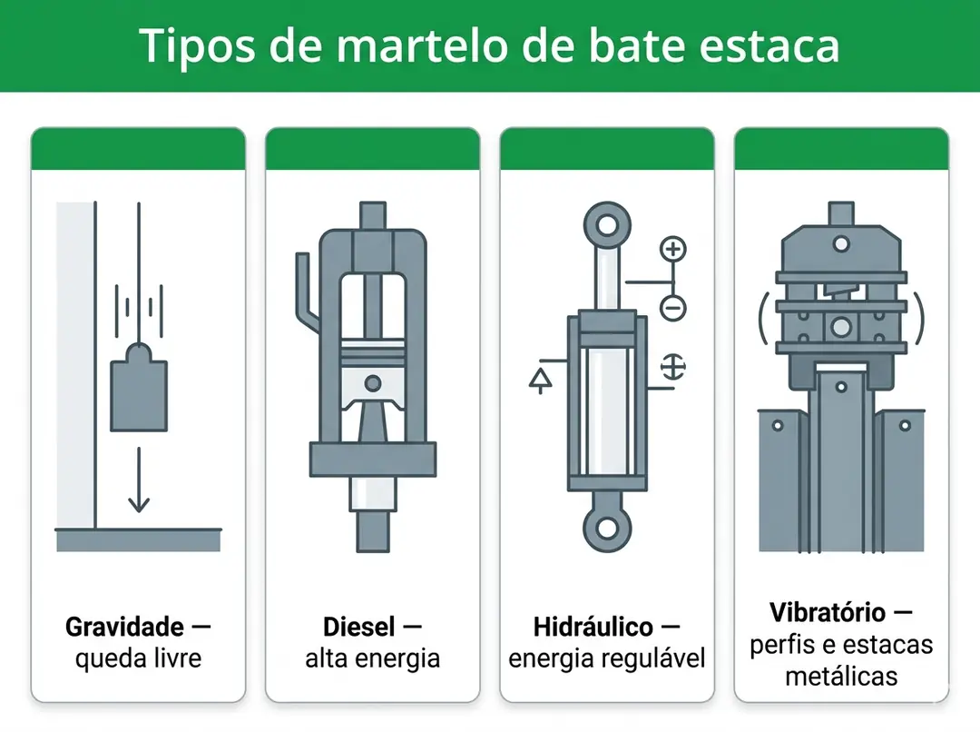 Tipos de martelo de bate estaca: gravidade, diesel, hidráulico e vibratório