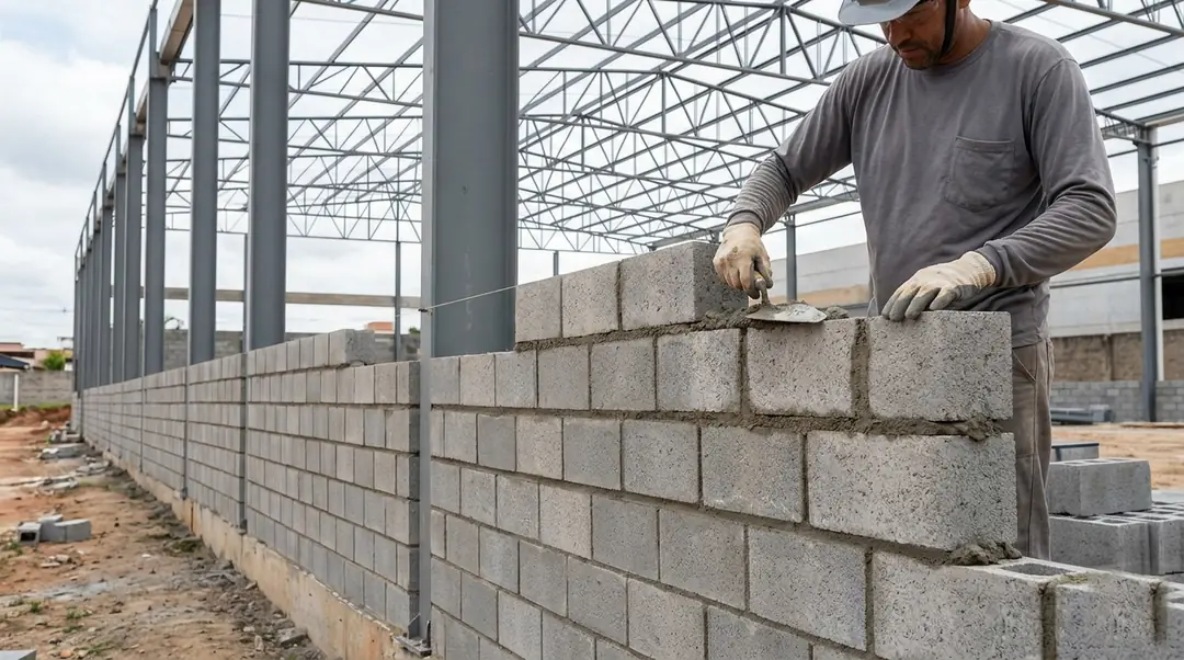 Parede de blocos de concreto no fechamento lateral de galpão metálico