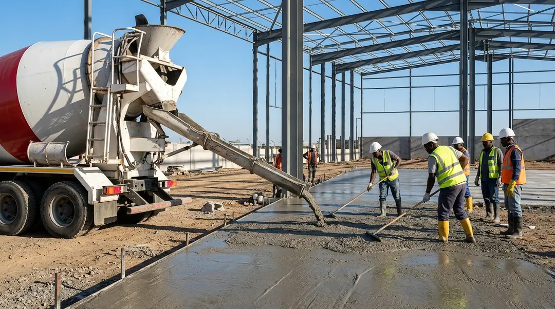 Caminhão betoneira despejando concreto usinado em piso de galpão