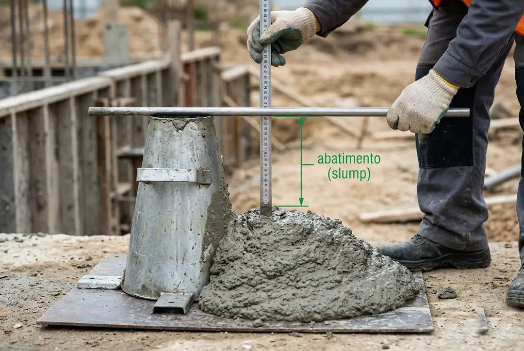 Ensaio de slump test medindo o abatimento do concreto usinado