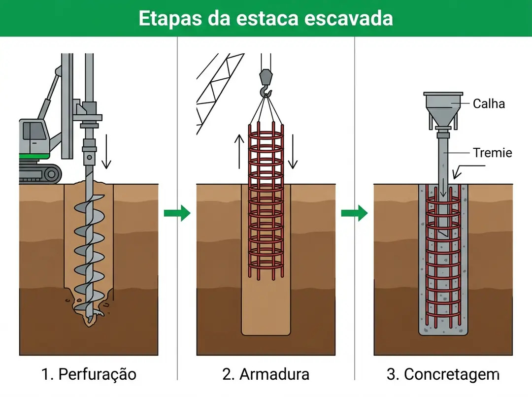 Etapas da estaca escavada: perfuração, armadura e concretagem