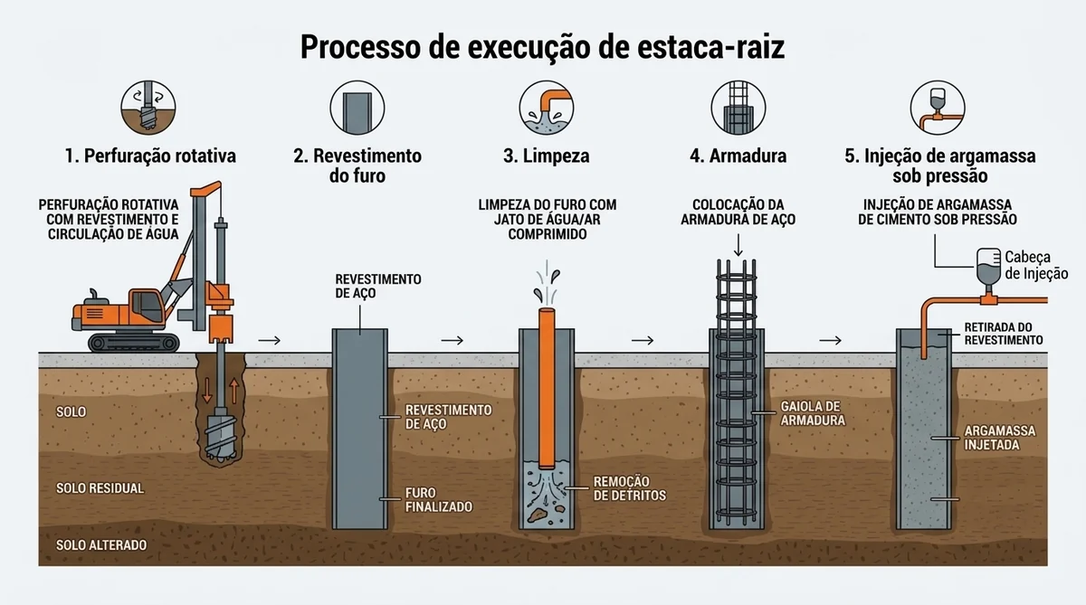 Infografico em 5 etapas da execucao da estaca raiz: perfuracao, revestimento, limpeza, armadura, injecao de argamassa sob pressao