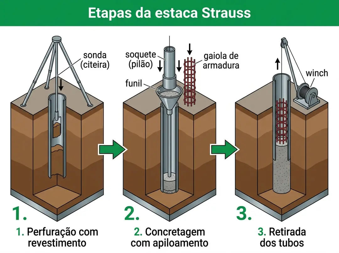 Etapas da estaca Strauss: perfuração, concretagem com apiloamento e retirada dos tubos