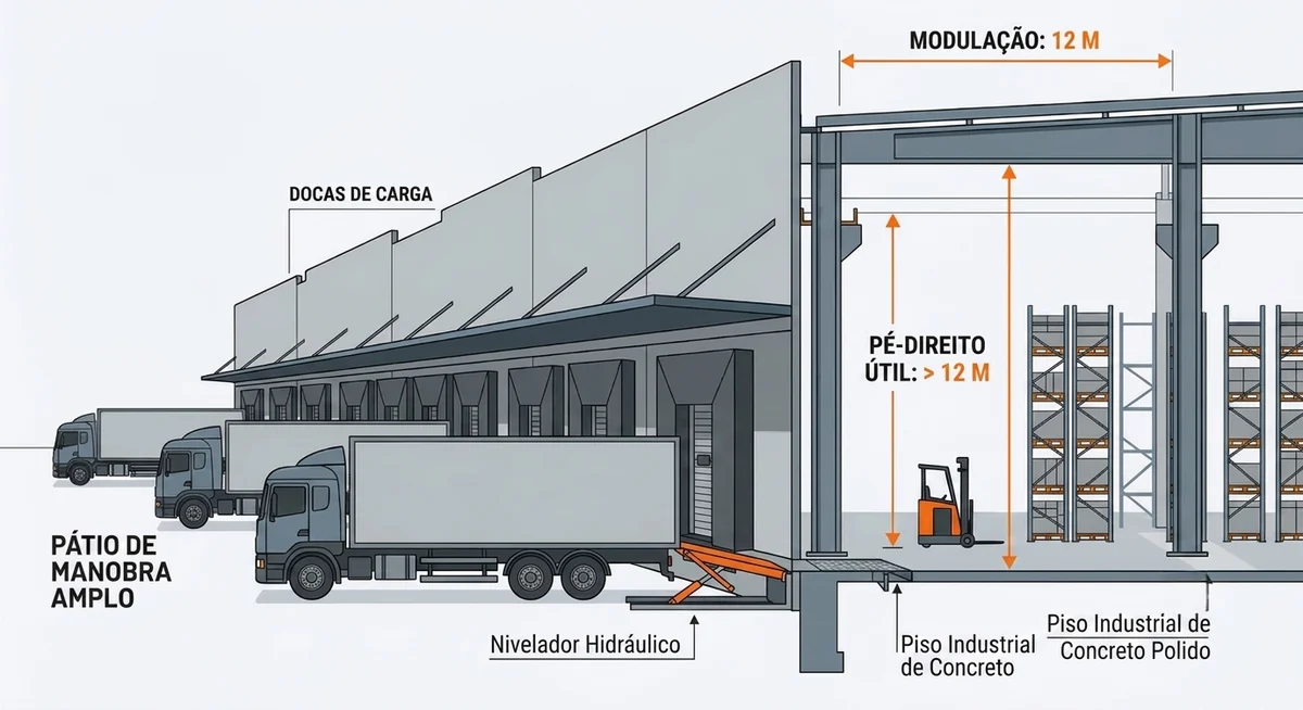 Fachada de galpao logistico com fileira de docas de carga, niveladoras hidraulicas e carretas baia recuadas, patio de manobra amplo