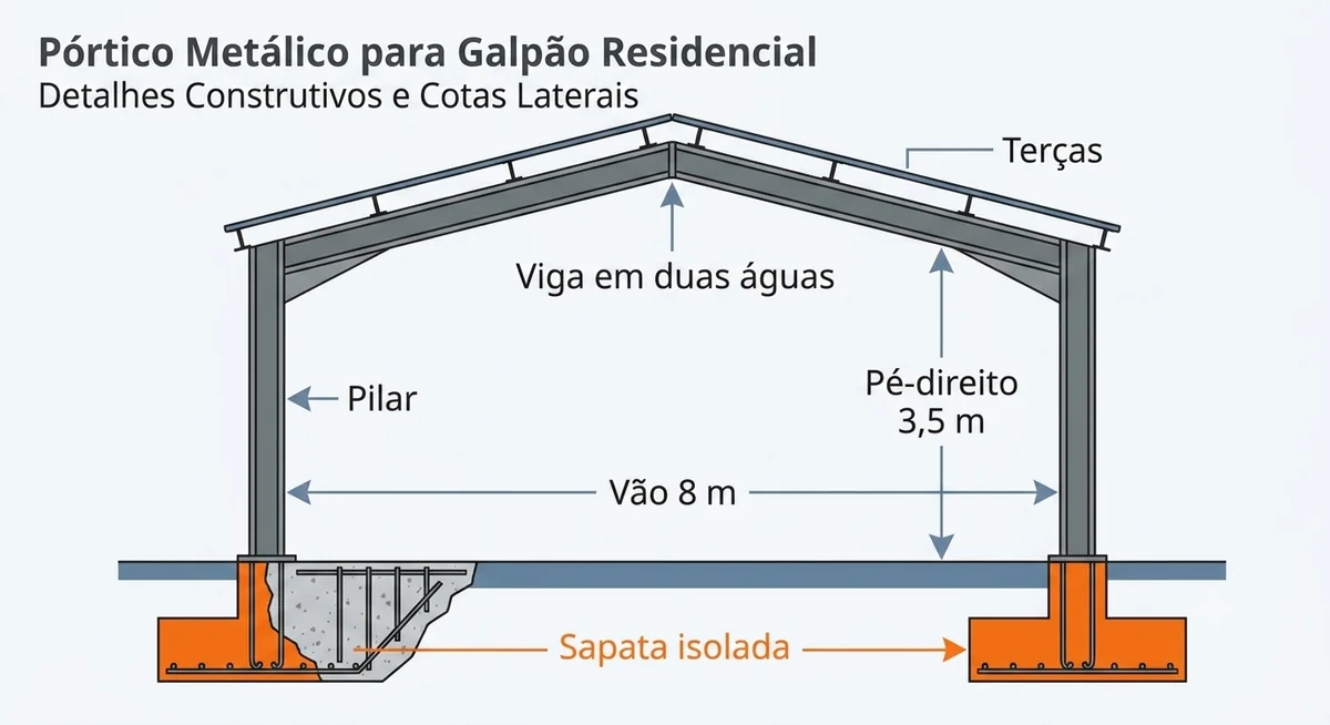 Esquema lateral de portico metalico de galpao residencial mostrando pilar, viga em duas aguas, tercas e sapata isolada, com cotas de pe-direito e vao