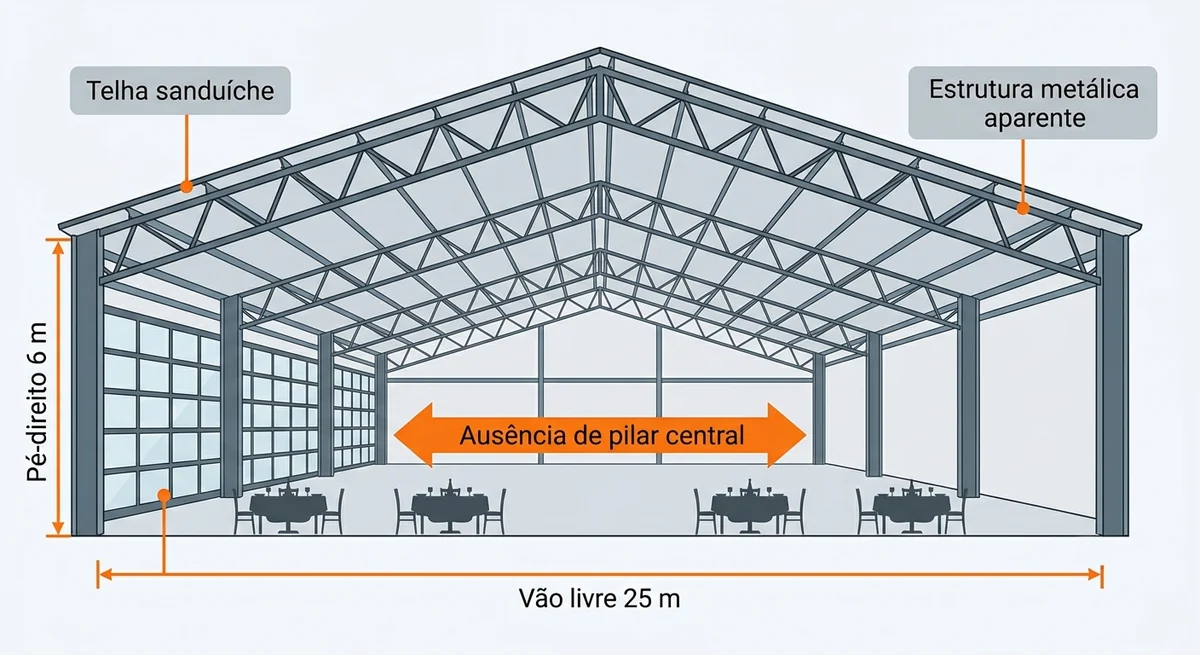 Vista interna de galpao para eventos com telha sanduiche aparente, fechamento lateral em vidro e alvenaria parcial, piso porcelanato claro, pe-direito alto