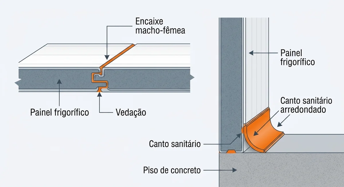 Detalhe construtivo de emenda de painel frigorifico, encaixe macho-femea com vedacao, e canto sanitario arredondado entre parede e piso
