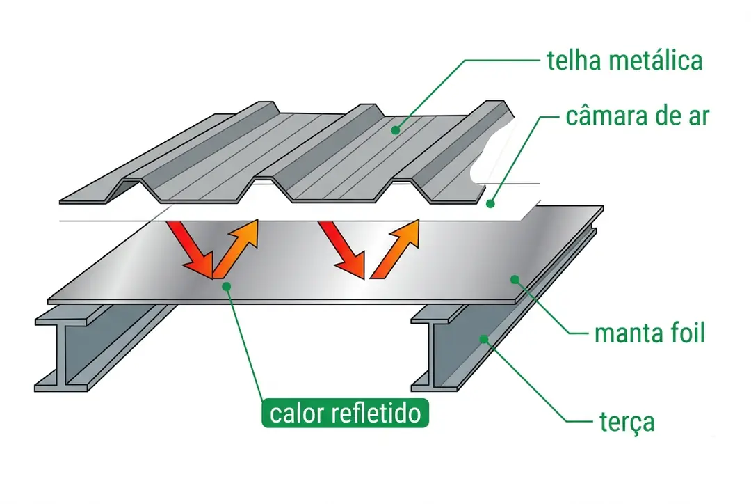 Esquema em corte do telhado com manta foil sob a telha metálica