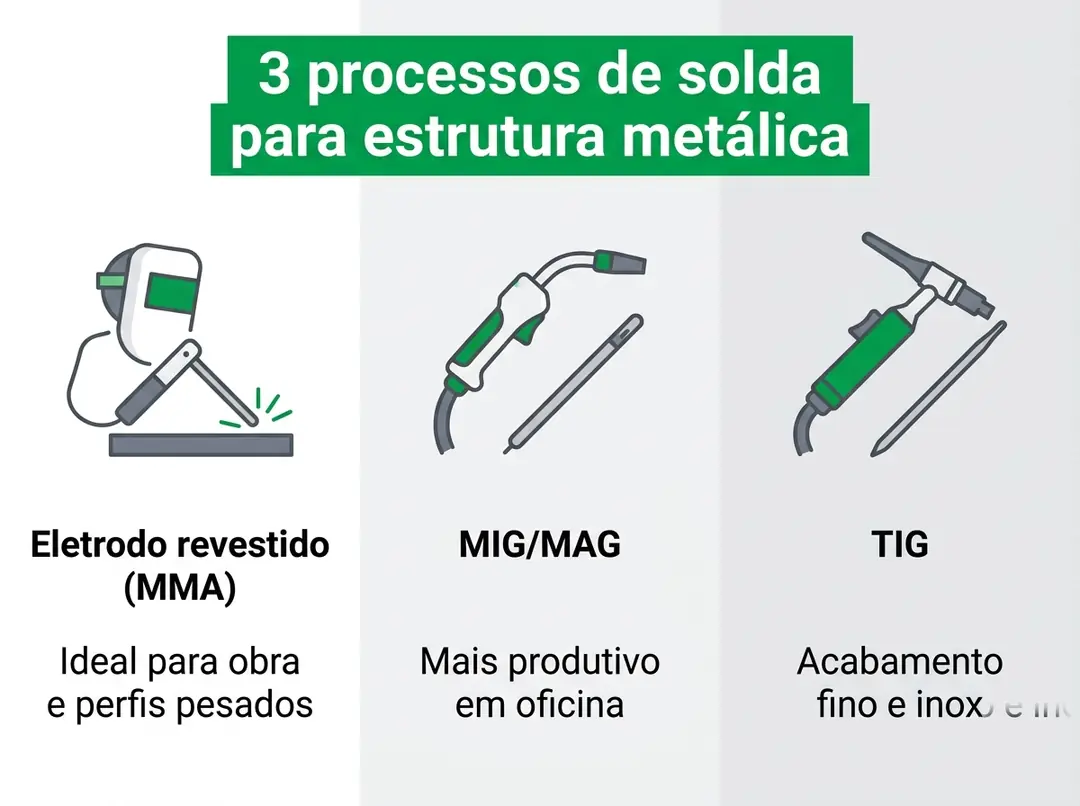 Comparativo dos processos de solda para estrutura metálica: eletrodo, MIG/MAG e TIG