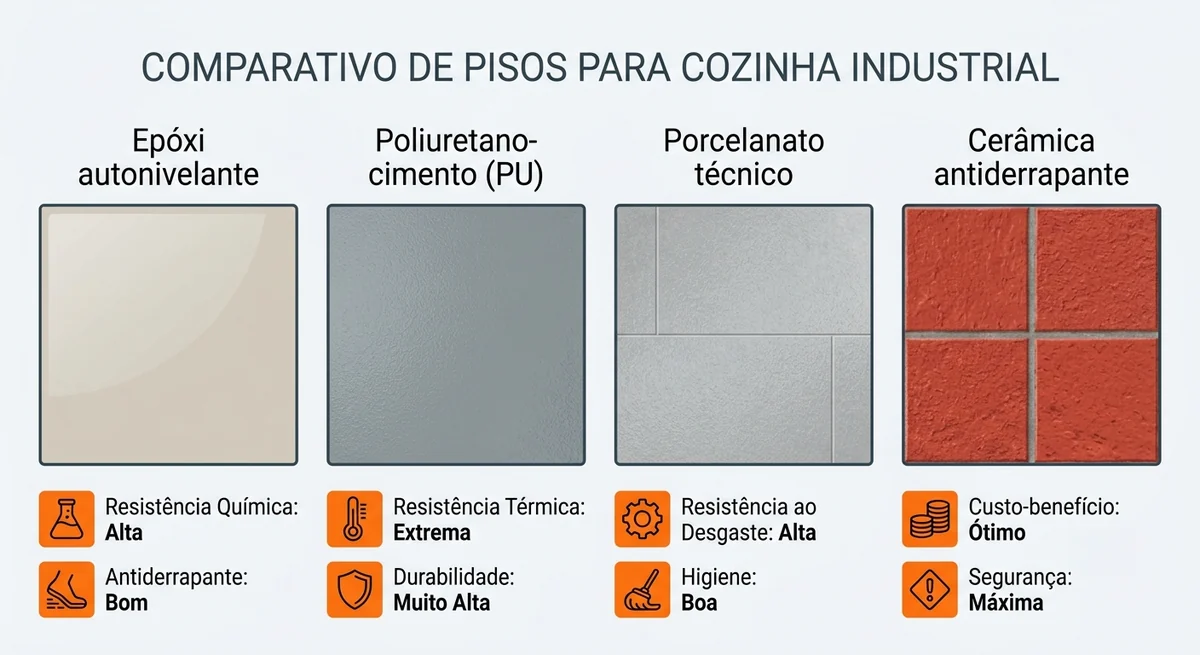 Comparativo lado a lado de amostras de piso: epoxi autonivelante, poliuretano cimento, porcelanato tecnico e ceramica antiderrapante