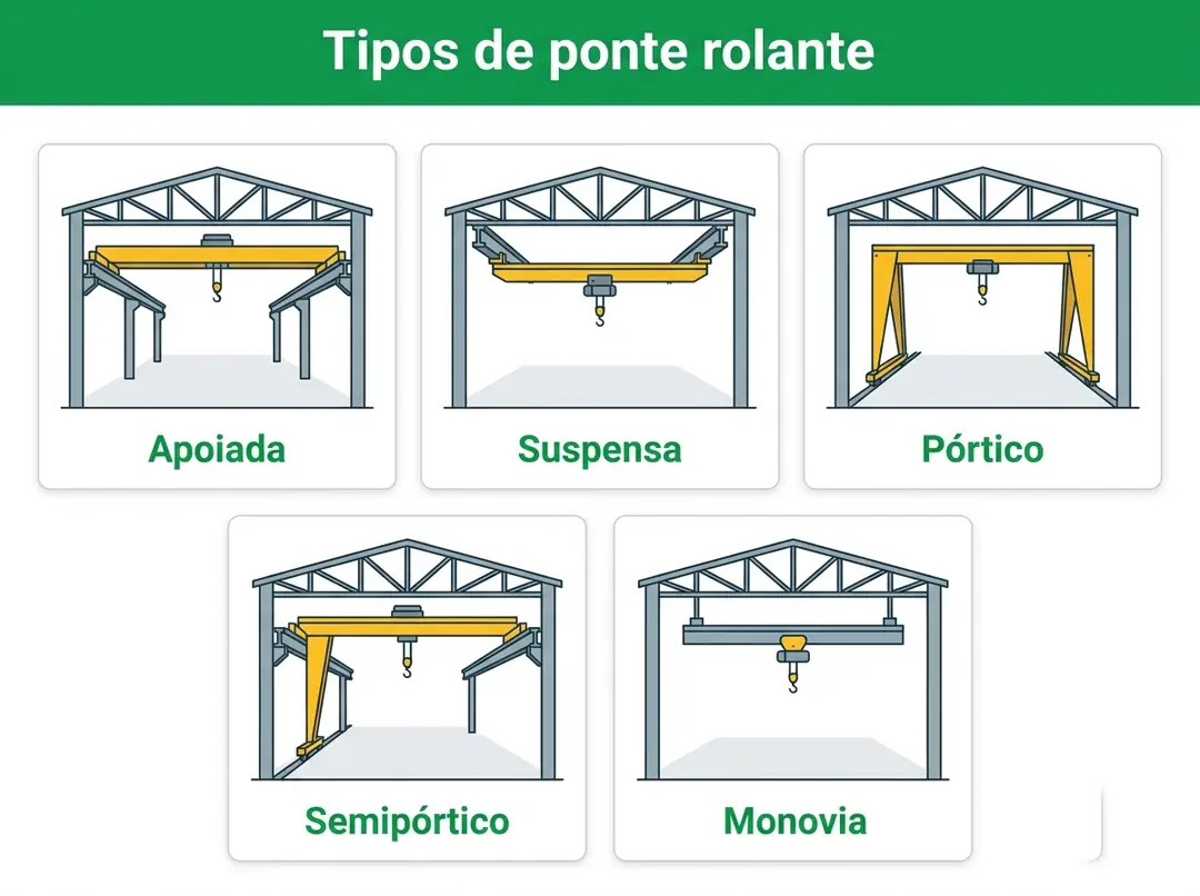 Tipos de ponte rolante: apoiada, suspensa, pórtico, semipórtico e monovia