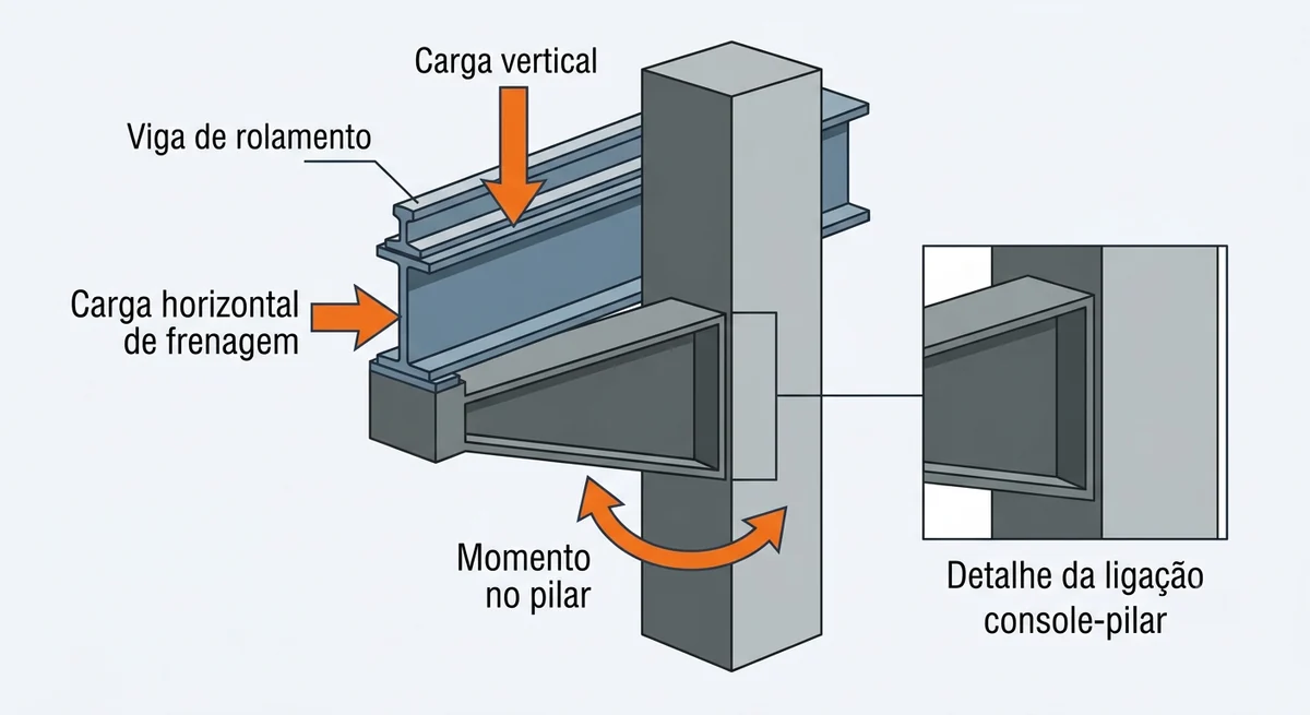 Esquema do pilar de galpao com console (misula) sustentando a viga de rolamento, setas indicando carga vertical, carga horizontal de frenagem e momento no pilar