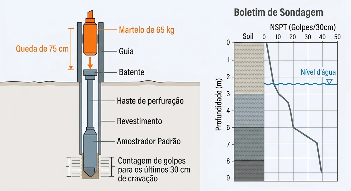 Infografico do ensaio SPT: amostrador padrao, martelo de 65 kg caindo de 75 cm, contagem de golpes para cravar 30 cm, leitura do NSPT