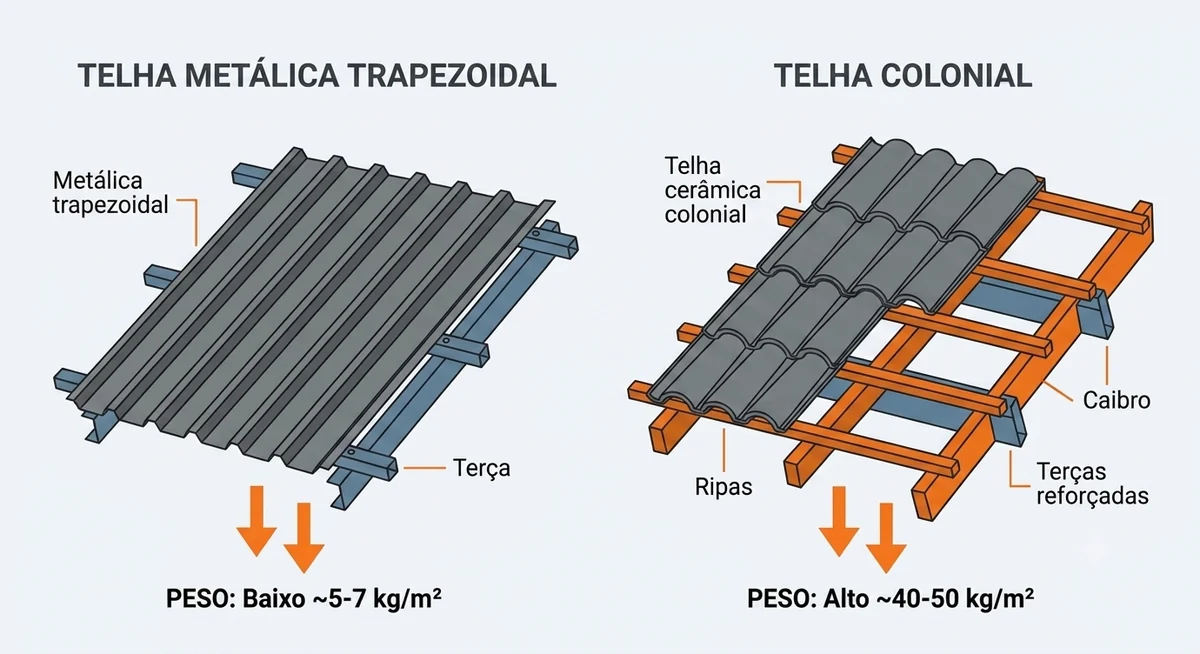 Comparativo lado a lado de duas secoes de cobertura: esquerda telha metalica trapezoidal leve sobre tercas, direita telha colonial sobre ripas caibros e tercas reforcadas