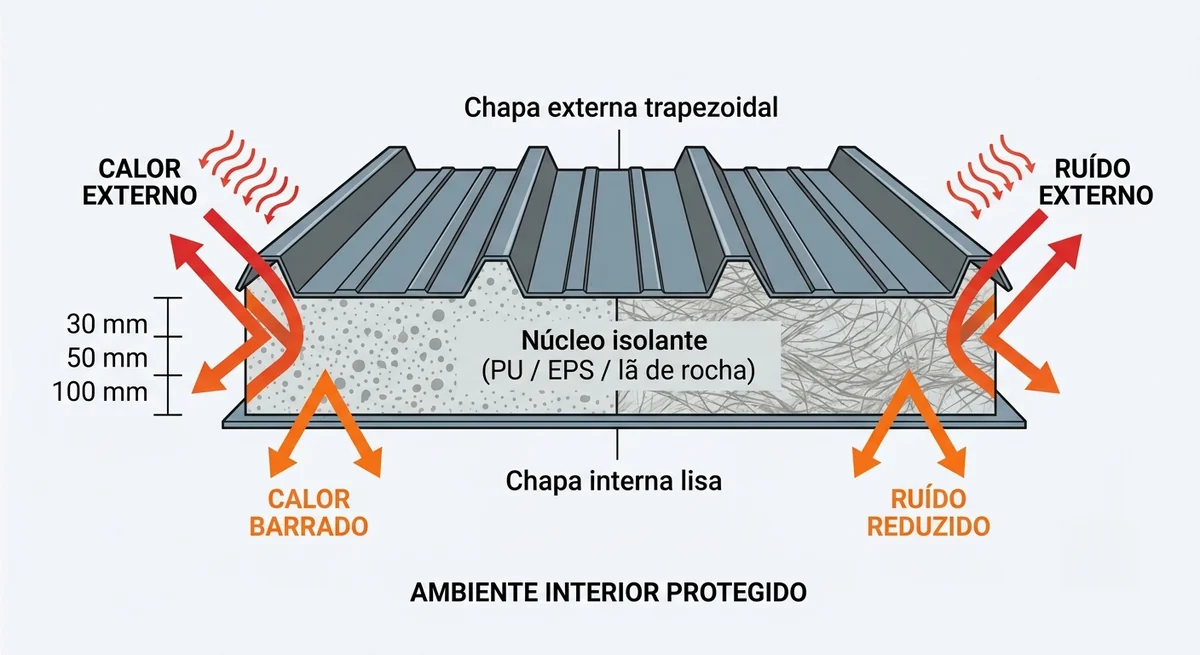 Corte esquematico de telha sanduiche termoacustica mostrando chapa externa trapezoidal, nucleo isolante e chapa interna lisa, com cotas de espessura