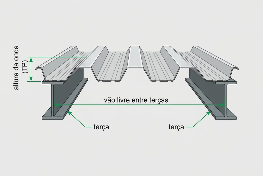 Perfil da telha trapezoidal com a altura de onda e o vão entre terças