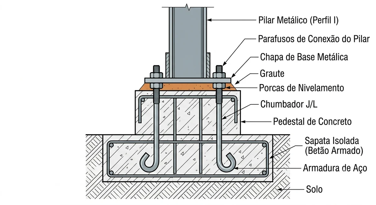 Diagrama da anatomia da sapata isolada com base, pedestal, lastro e armadura