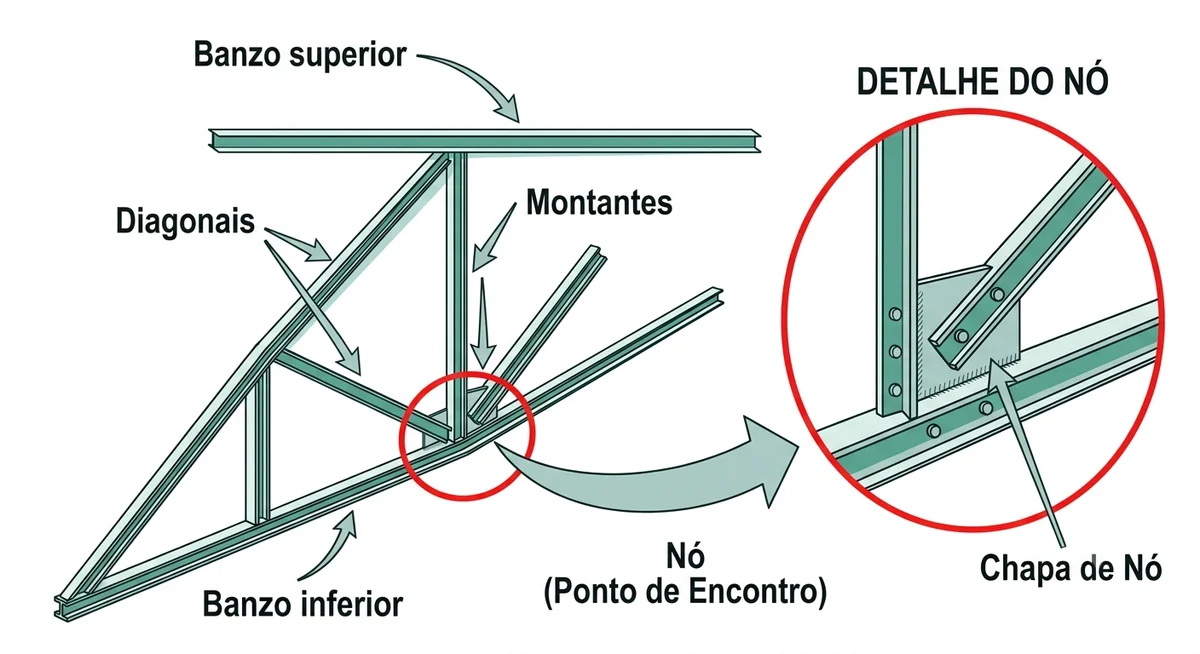 Anatomia da treliça metálica com banzo superior, banzo inferior, diagonais, montantes e nó identificados