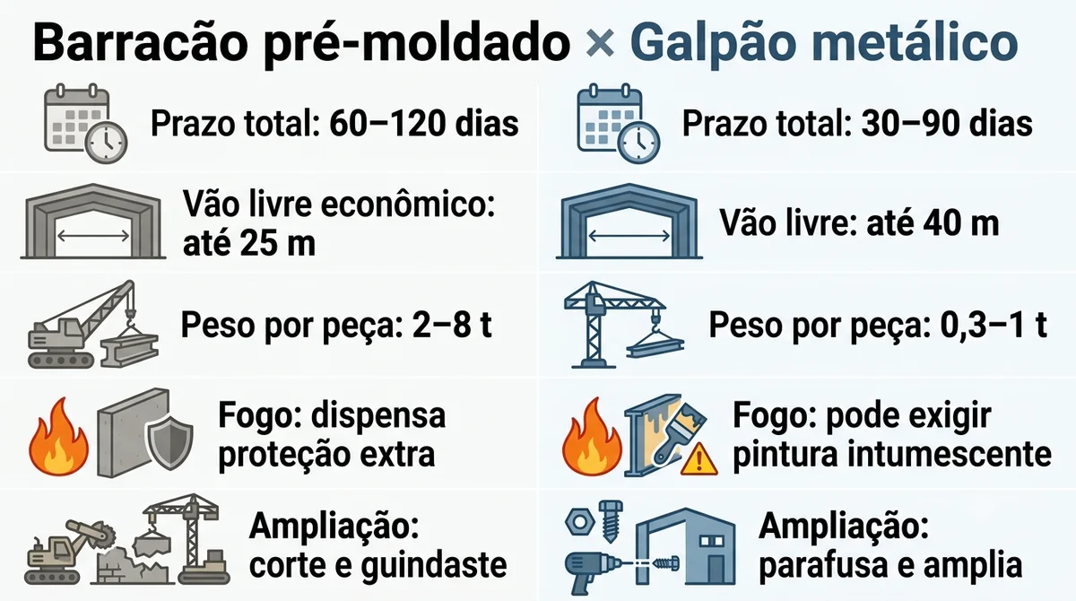 Infográfico comparativo barracão pré-moldado versus galpão metálico