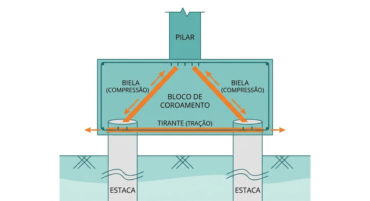 Diagrama do método das bielas em bloco de coroamento ligando estacas ao pilar