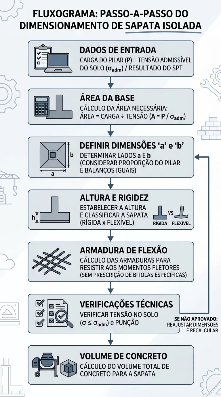 Fluxograma dos passos do dimensionamento de sapata, da área da base às verificações de tensão e punção