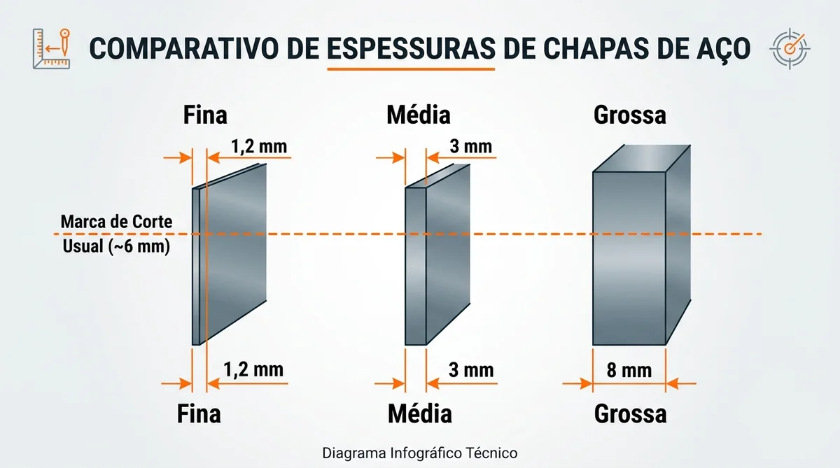 Comparativo visual de chapas de aço de espessuras fina, média e grossa