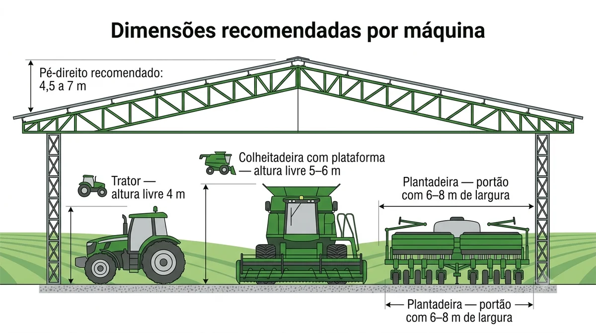 Infográfico de dimensões de galpão agrícola por máquina